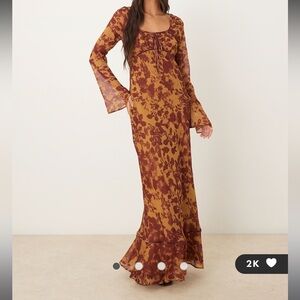 ASOS Burgundy and Mustard Floral Long Sleeve Dress